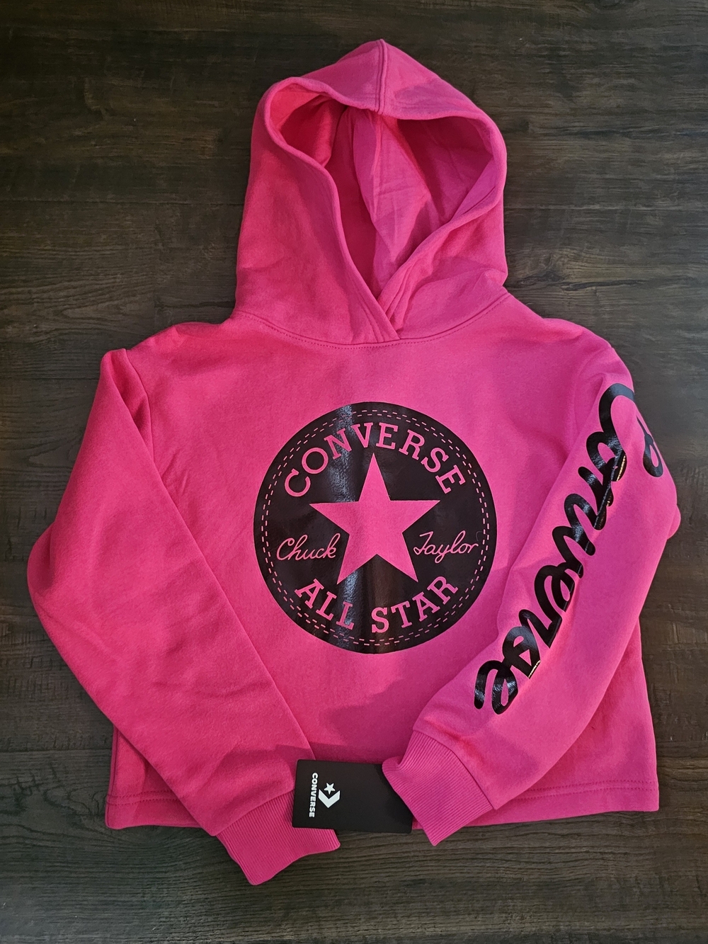 NWT Converse Girls M (10-12) Pink/Black Pullover Hoodie All Star Logo Sweatshirt